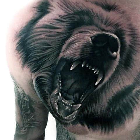 Roaring Bear Creative Mens Chest Tattoo With 3d Design