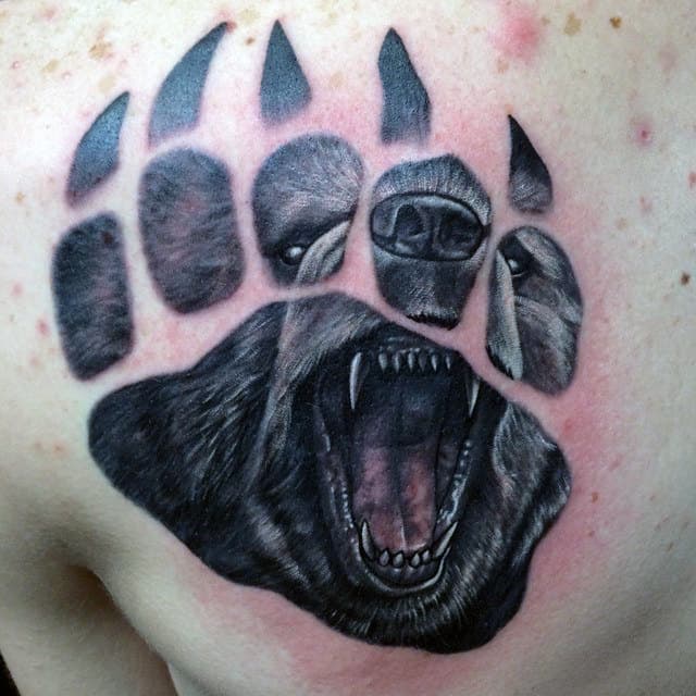 Roaring Bear Inside Claw Guys Chest Tattoos