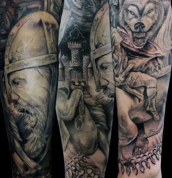 Roaring Beast And Warrior Tattoo Male Forearms