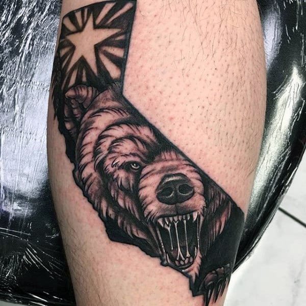 Roaring California Bear With Star Mens Leg Tattoo Designs
