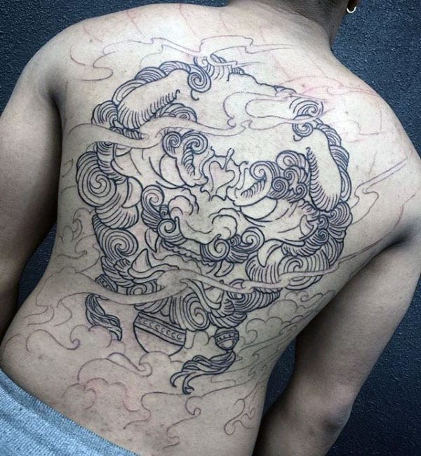 Roaring Foo Dog Mens Back Tattoo With Black Ink Design