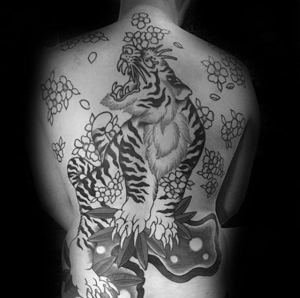 Roaring Japanese Tiger Back Tattoo On Guy