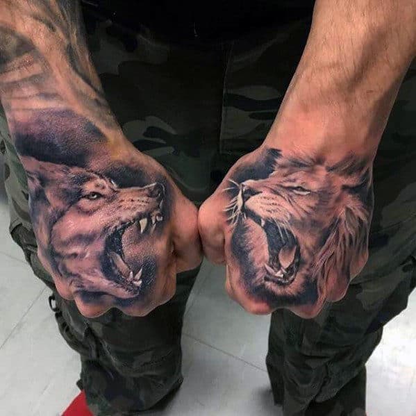 roaring-lion-and-wolf-badass-guys-hand-tattoos