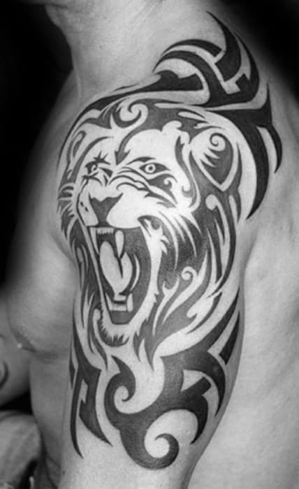 Roaring Lion Arm And Shoulder Animal Tribal Tattoo Ideas On Guys