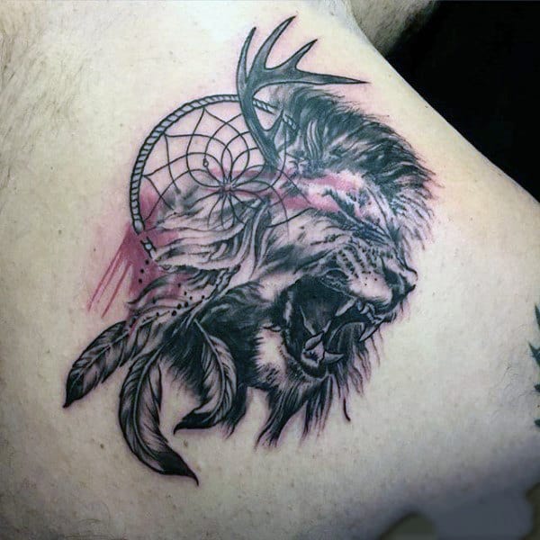 Roaring Lion Dreamcatcher Back Tattoos On Men