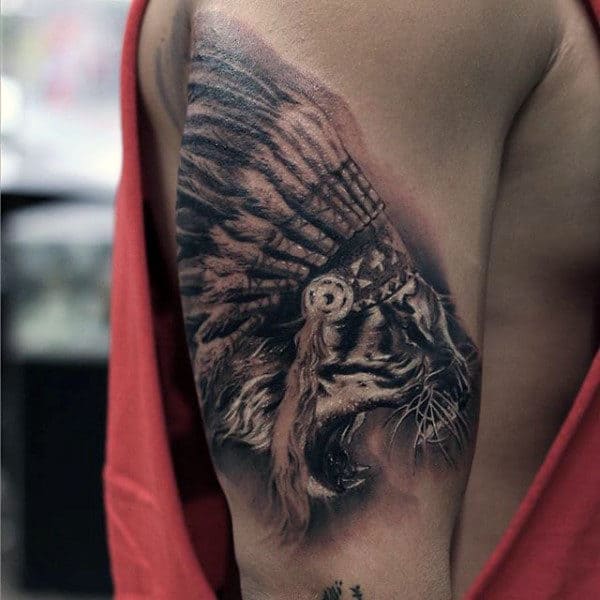 Roaring Lion Guys Detailed Upper Arm Tattoo Ideas