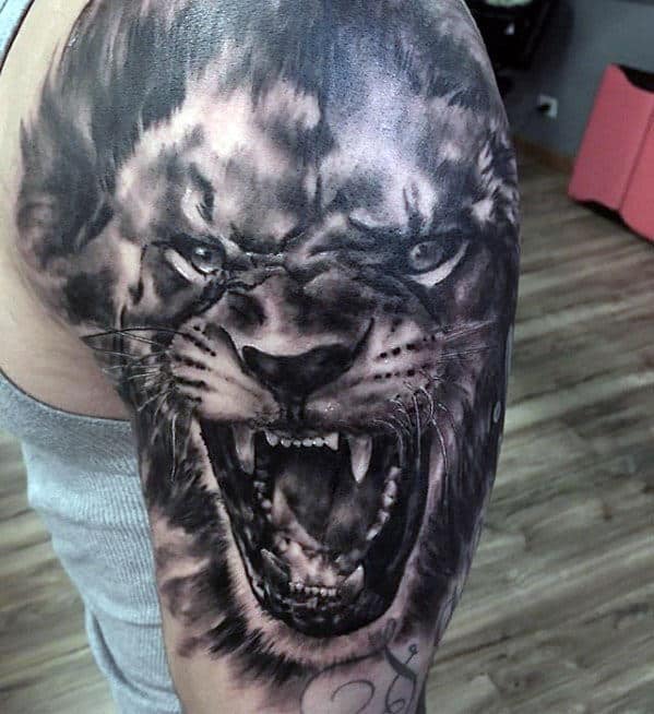 Roaring Lion Mens Quarter Sleeve Realistic Tattoo Ideas