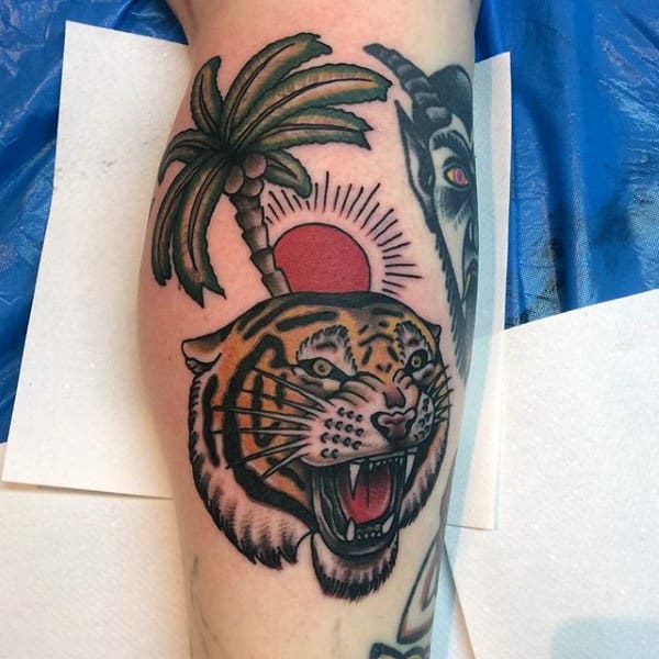 Roaring Lion Palm Tree Tattoo On Arms For Men