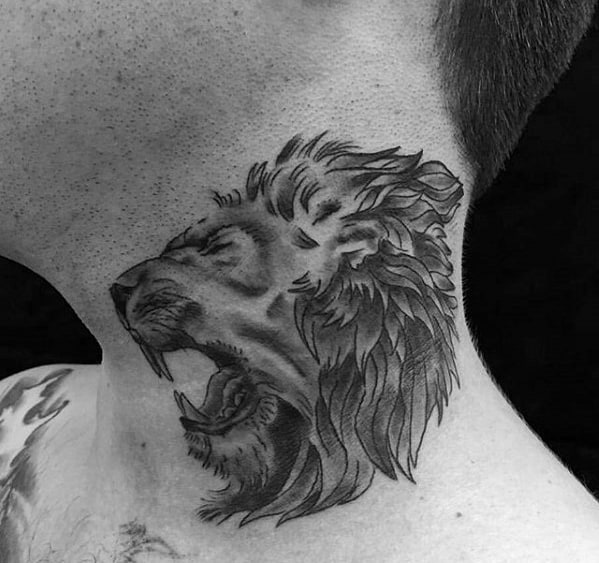 Roaring Lion Traditional Neck Shaded Black And Grey Tattoos For Men