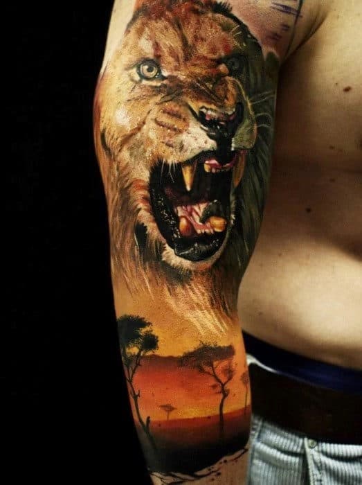 Roaring Lion With Africa Safari Landscape Guys Half Sleeve Tattoo