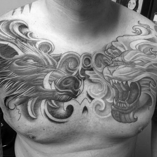 Roaring Lion With Boar Mens Ornate Upper Chest Tattoos