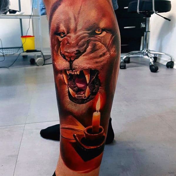 Roaring Lion With Candle Guys 3d Leg Sleeve Tattoos