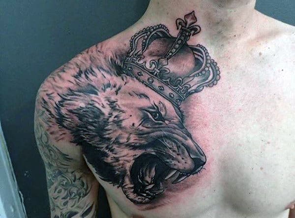Roaring Lion With Crown Mens Upper Chest And Shoulder Tattoos