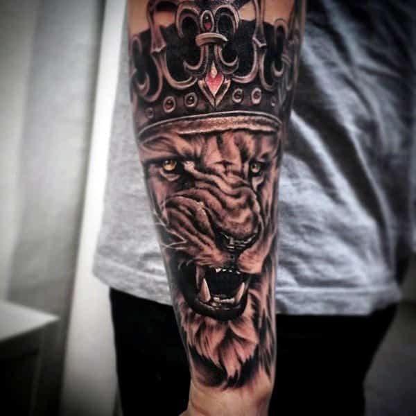 Roaring Lion With Ruby Crown Tattoo Forearms Men