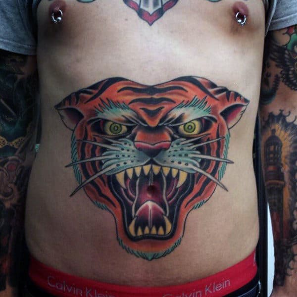 Roaring Orange Tiger Mens Traditional Stomach Tattoos