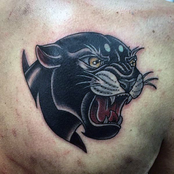 Roaring Panther Male Traditional Tattoo On Upper Chest