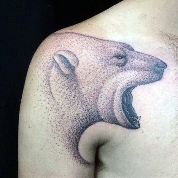 Roaring Polar Bear Mens Dotwork Shoulder Tattoo