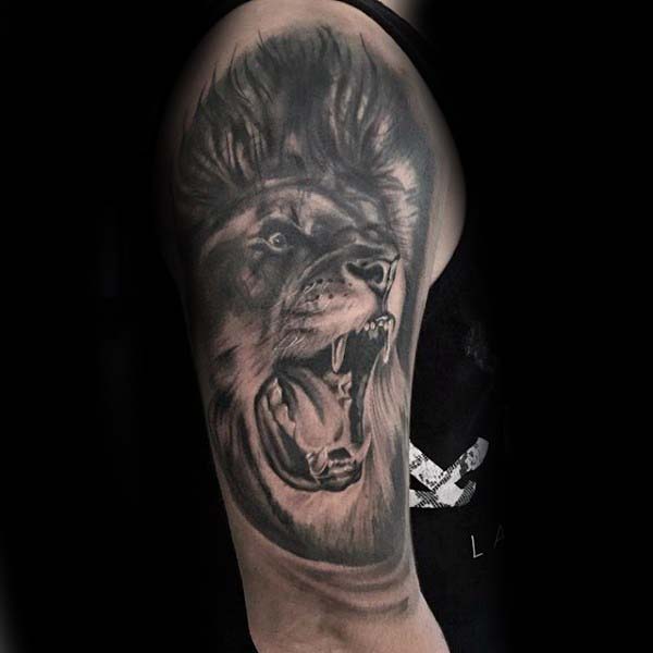 Roaring Shaded Black And Grey Ink Roaring Lion Mens Nice Arm Tattoos