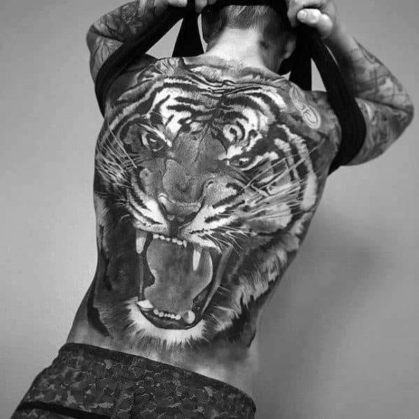Roaring Tiger Badass Black And Grey Ink Back Tattoos For Guys