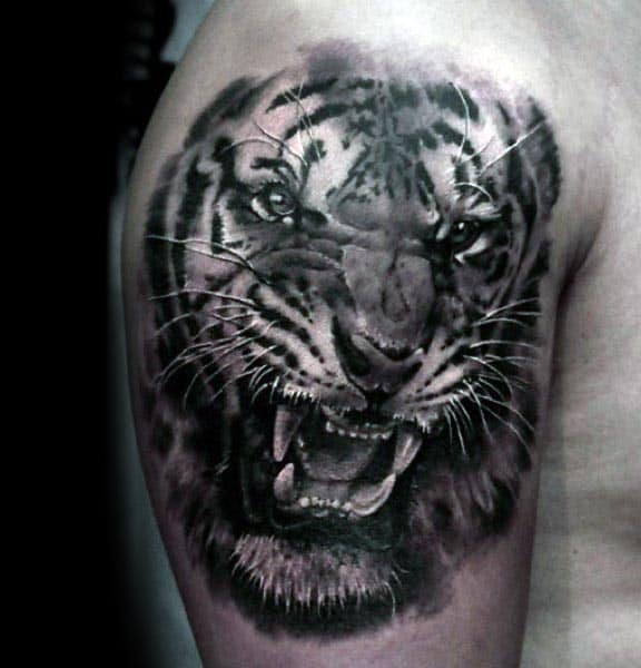 Roaring Tiger Cool Arm Tattoo For Guys