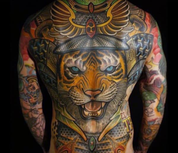 Roaring Tiger Forest Background Tattoo Mens Full Back