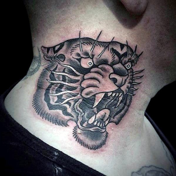 Roaring Tiger Guys Old School Traditional Tattoo On Neck