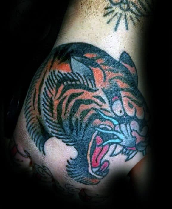 Roaring Tiger Male Traditional Old School Tattoo Design On Hand