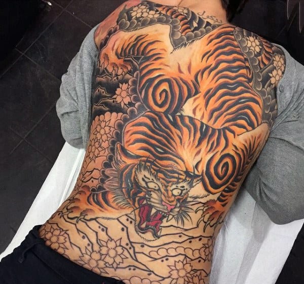 Roaring Tiger Tattoo With Great Detailing Of Skin Males Full Baack