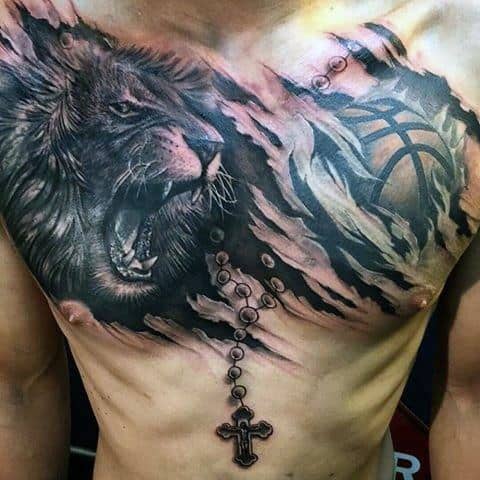 Roaring Tiger With Basketball And Cross Ripped Skin Guys Cover Up Chest Tattoo