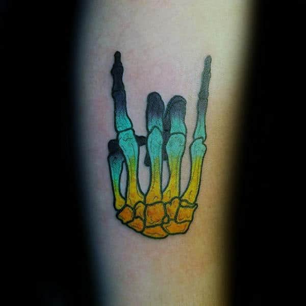Rock And Roll Skeleton Hand Sign With Colorful Design Mens Tattoos