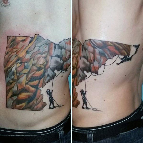 Rock Climbing Tattoo Design On Man On Ribs