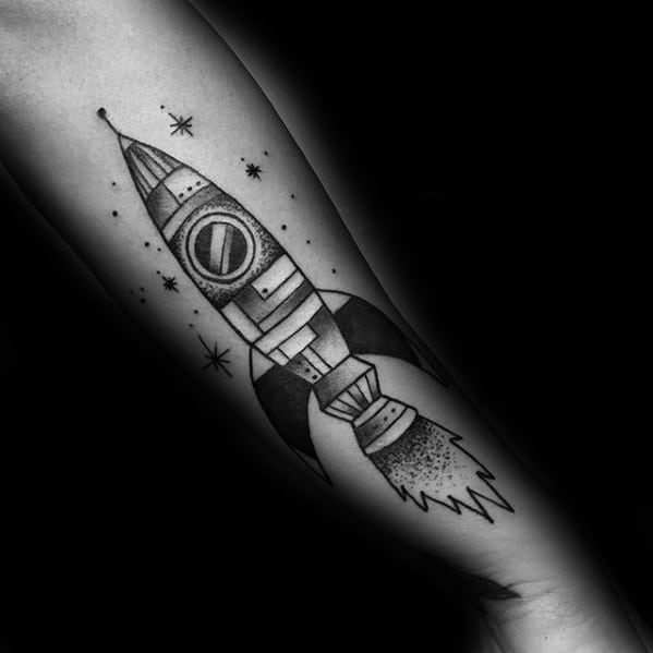 Rocket Ship Male Outer Forearm Tattoo Design Ideas