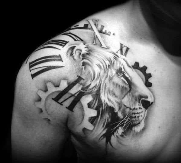 Roman Numeral Numbers With Gears And Lion Head Guys Shoulder Tattoo