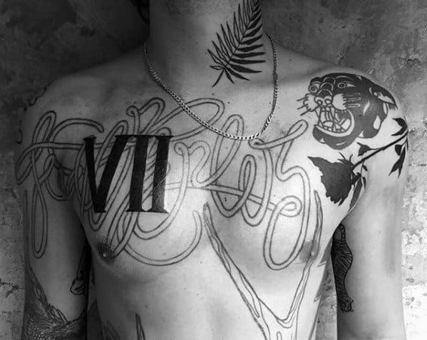 Roman Numerals Chest Blast Over Guys Tattoo Designs