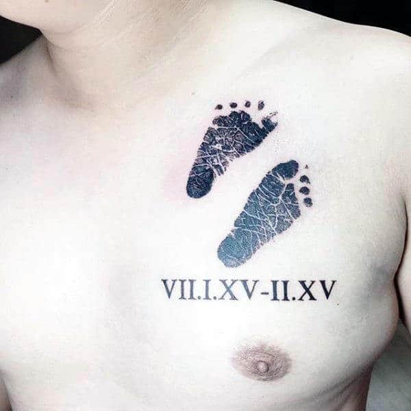 Roman Numerals Footprint Mens Upper Chest Tattoos