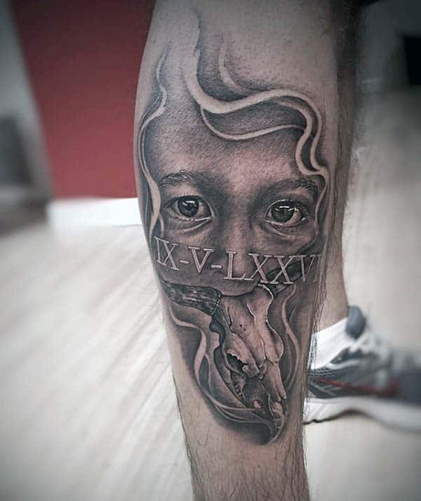 Roman Numerals With Portrait Mens Bull Skull Leg Tattoos