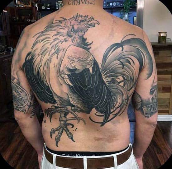 Rooster Tattoo For Men Full Back Piece In Black Ink