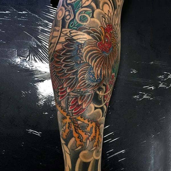 Rooster Tattoo For Men Leg Piece With Bright Color