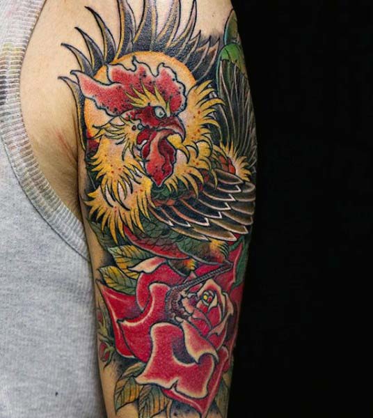 Rooster Tattoo For Men With Rose In Traditional Style Upper Arm