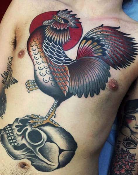 Rooster Tattoo For Men With Skull And Sun Beautifully Colored Chest Piece