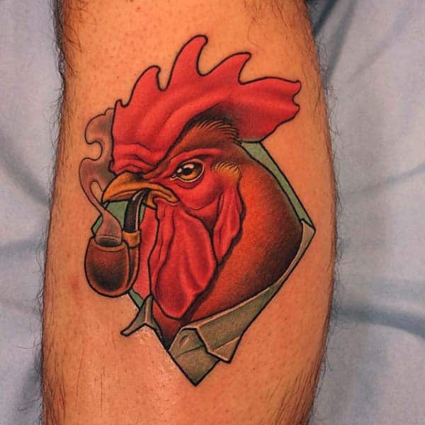 Roostersmoking Pipe Tattoo For Men On Calf