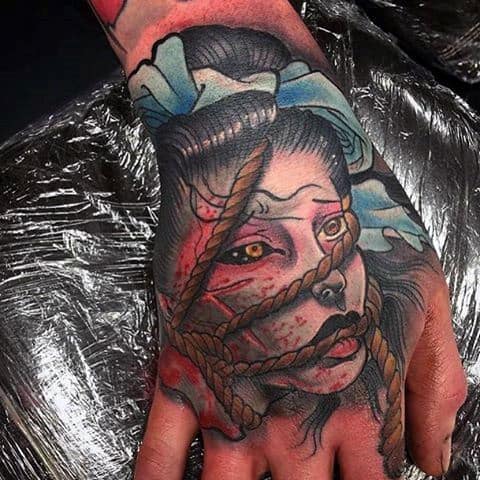 Rope Stangling A Maidens Face Tattoo Male Hands
