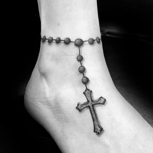 Rosary Lower Leg And Foot Small Religious Tattoo Ideas For Guys