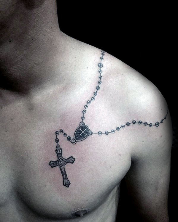 Rosary Shoulder And Chest Creative Male Tattoos