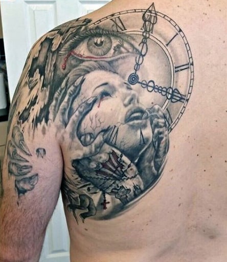 Rose And Clock Tattoos For Men