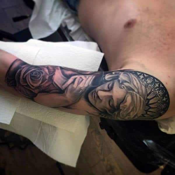 Rose And Prayer Religious Tattoo Male Sleeves