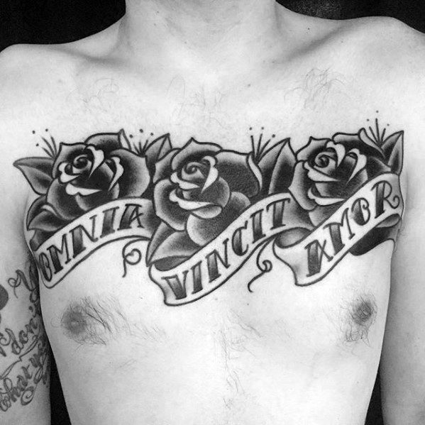 Rose Flower Banner Upper Chest Mens Latin Tattoo Ideas