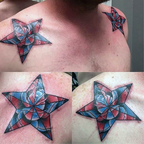 Rose Flower Blue And Red Nautical Star Guys Collarbone Tattoos