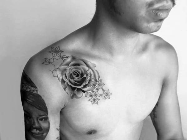 Rose Flower Collar Bone Tattoos For Guys