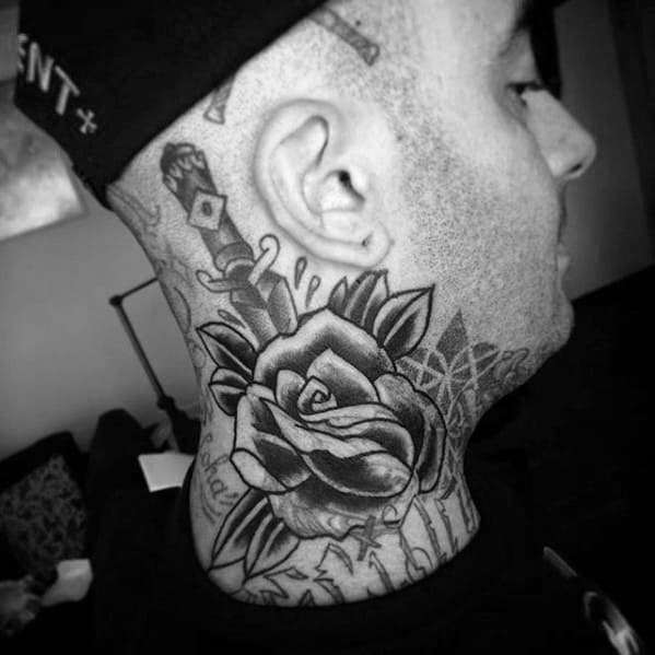 Rose Flower Dagger Neck Mens Tattoo With Blast Over Design